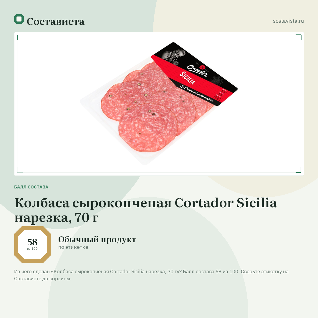 Колбаса сырокопченая Cortador Sicilia нарезка, 70 г: балл состава 58 из 100 — Состависта