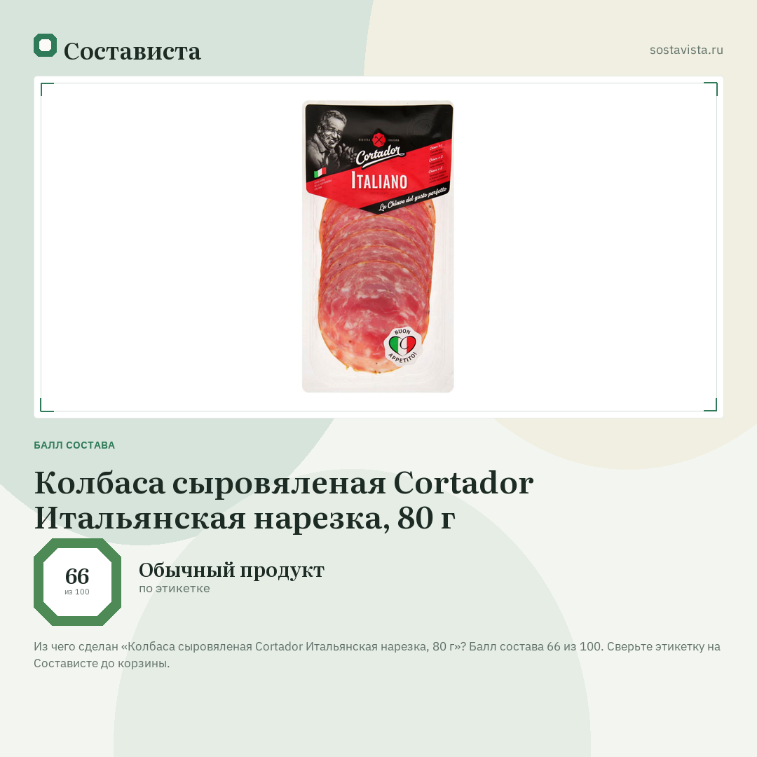 Колбаса сыровяленая Cortador Итальянская нарезка, 80 г: балл состава 66 из 100 — Состависта