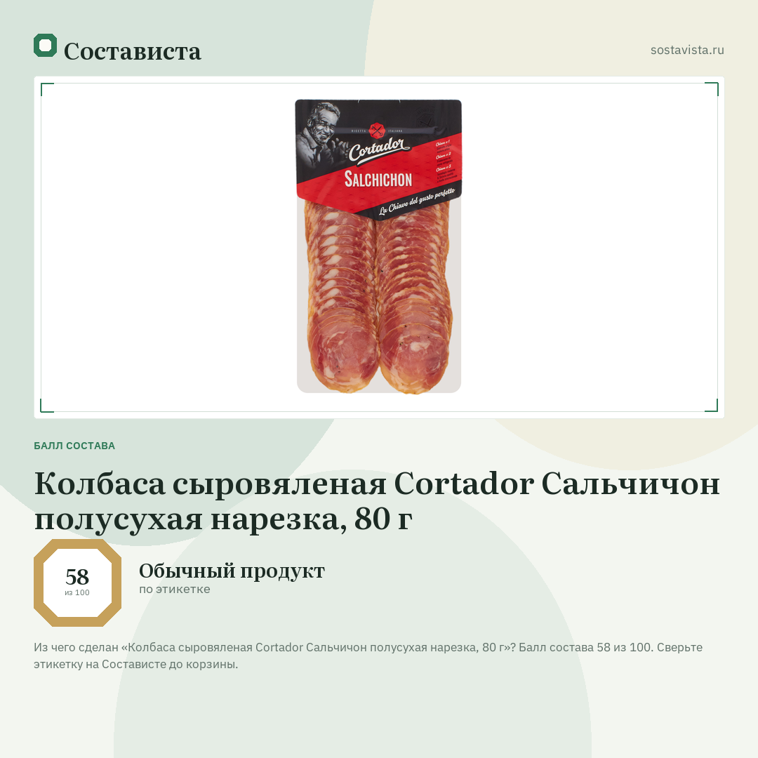 Колбаса сыровяленая Cortador Сальчичон полусухая нарезка, 80 г: балл состава 58 из 100 — Состависта