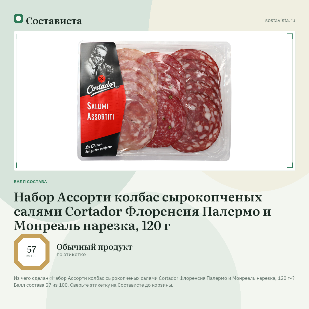 Набор Ассорти колбас сырокопченых салями Cortador Флоренсия Палермо и Монреаль нарезка, 120 г: балл состава 57 из 100 — Состависта