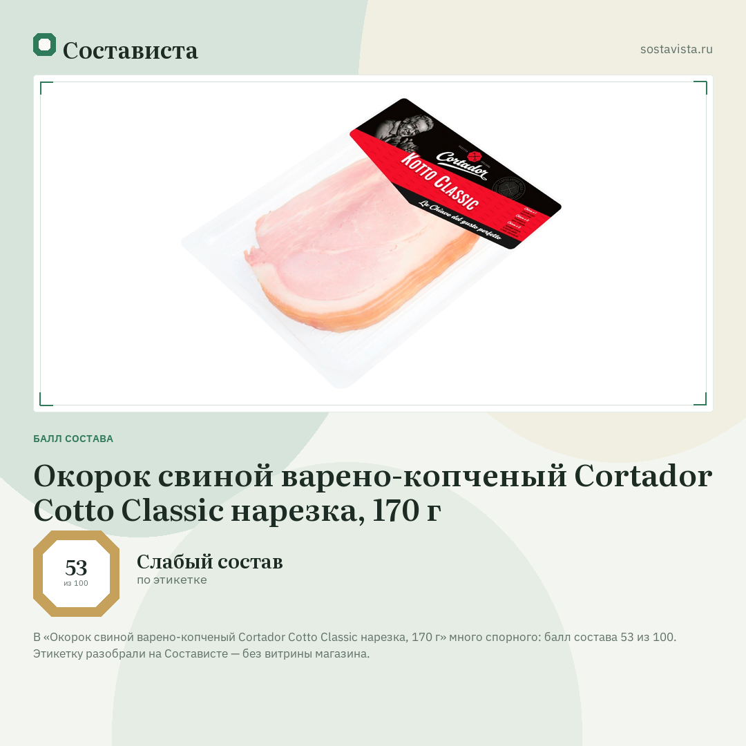 Окорок свиной варено-копченый Cortador Cotto Classic нарезка, 170 г: балл состава 53 из 100 — Состависта