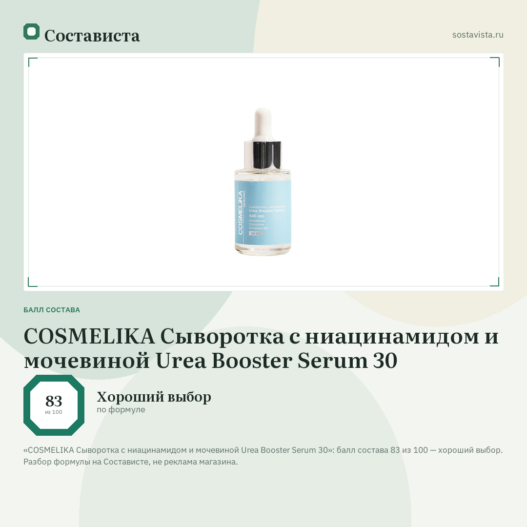 COSMELIKA Сыворотка с ниацинамидом и мочевиной Urea Booster Serum 30: балл состава 83 из 100 — Состависта