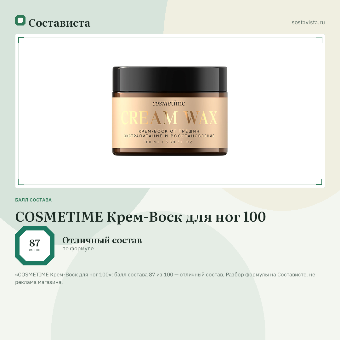 COSMETIME Крем-Воск для ног 100: балл состава 87 из 100 — Состависта