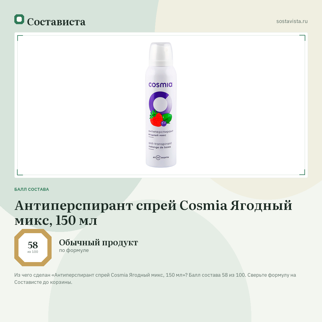 Антиперспирант спрей Cosmia Ягодный микс, 150 мл: балл состава 58 из 100 — Состависта