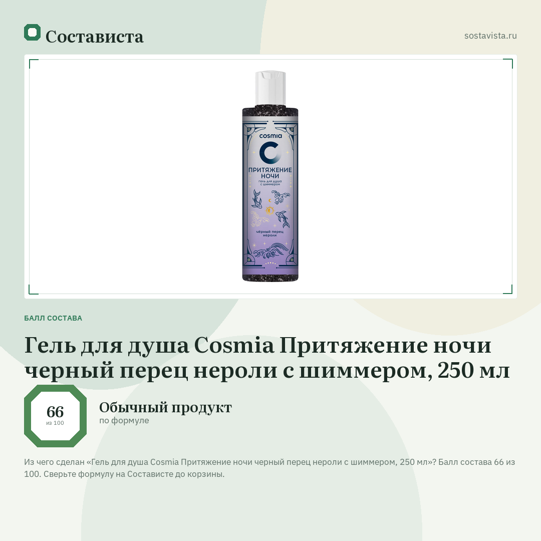Гель для душа Cosmia Притяжение ночи черный перец нероли с шиммером, 250 мл: балл состава 66 из 100 — Состависта