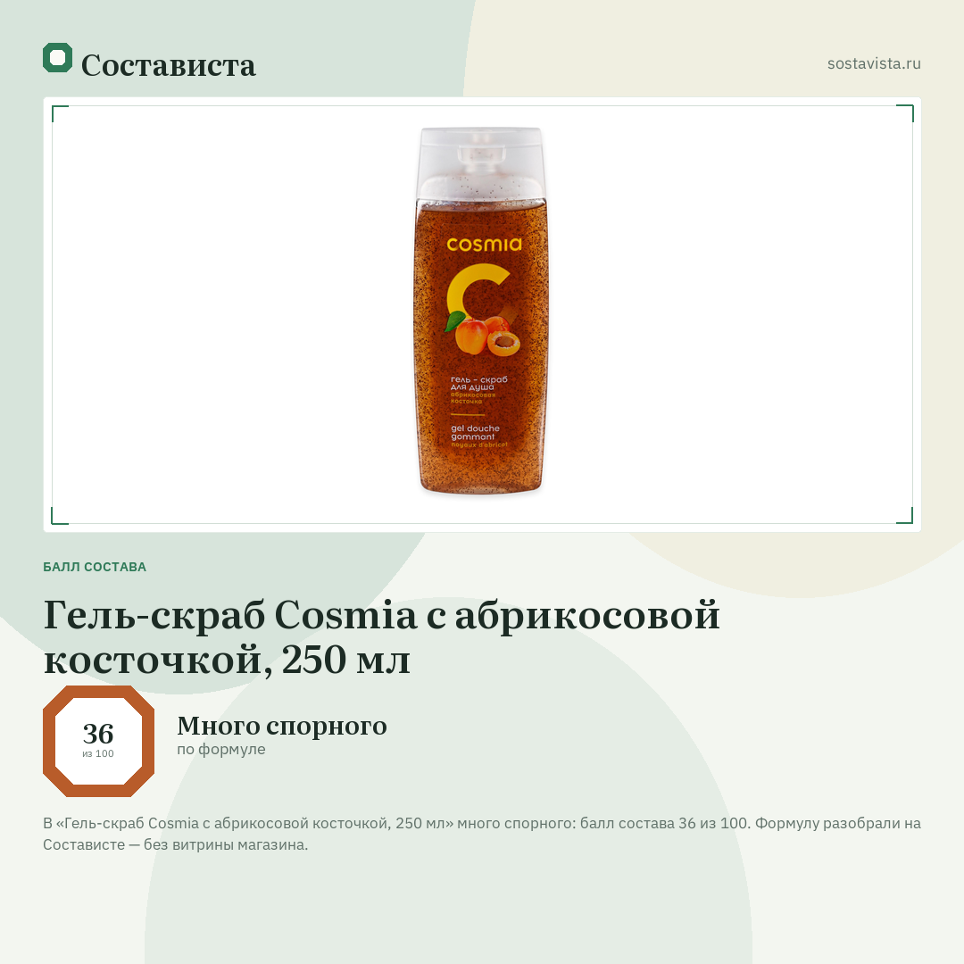 Гель-скраб Cosmia с абрикосовой косточкой, 250 мл: балл состава 36 из 100 — Состависта