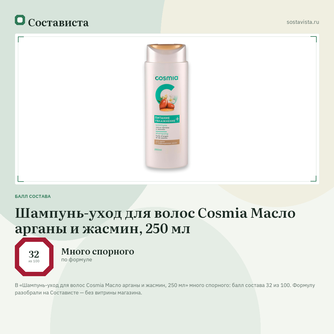 Шампунь-уход для волос Cosmia Масло арганы и жасмин, 250 мл: балл состава 32 из 100 — Состависта