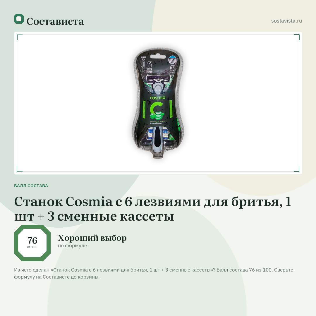 Станок Cosmia с 6 лезвиями для бритья, 1 шт + 3 сменные кассеты: балл состава 76 из 100 — Состависта