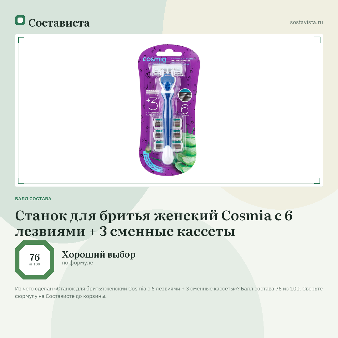 Станок для бритья женский Cosmia с 6 лезвиями + 3 сменные кассеты: балл состава 76 из 100 — Состависта