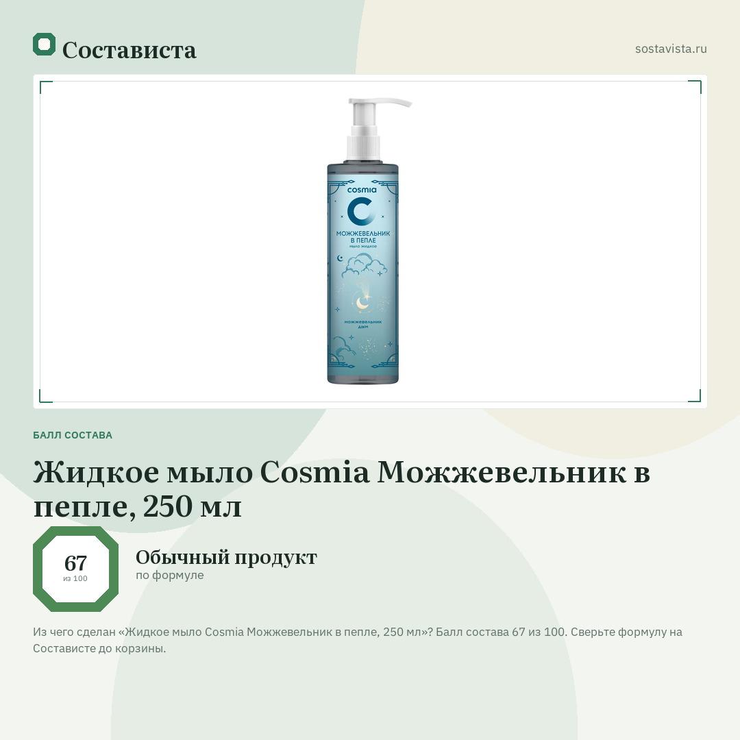 Жидкое мыло Cosmia Можжевельник в пепле, 250 мл: балл состава 67 из 100 — Состависта
