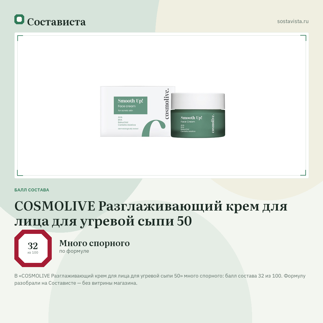 COSMOLIVE Разглаживающий крем для лица для угревой сыпи 50: балл состава 32 из 100 — Состависта
