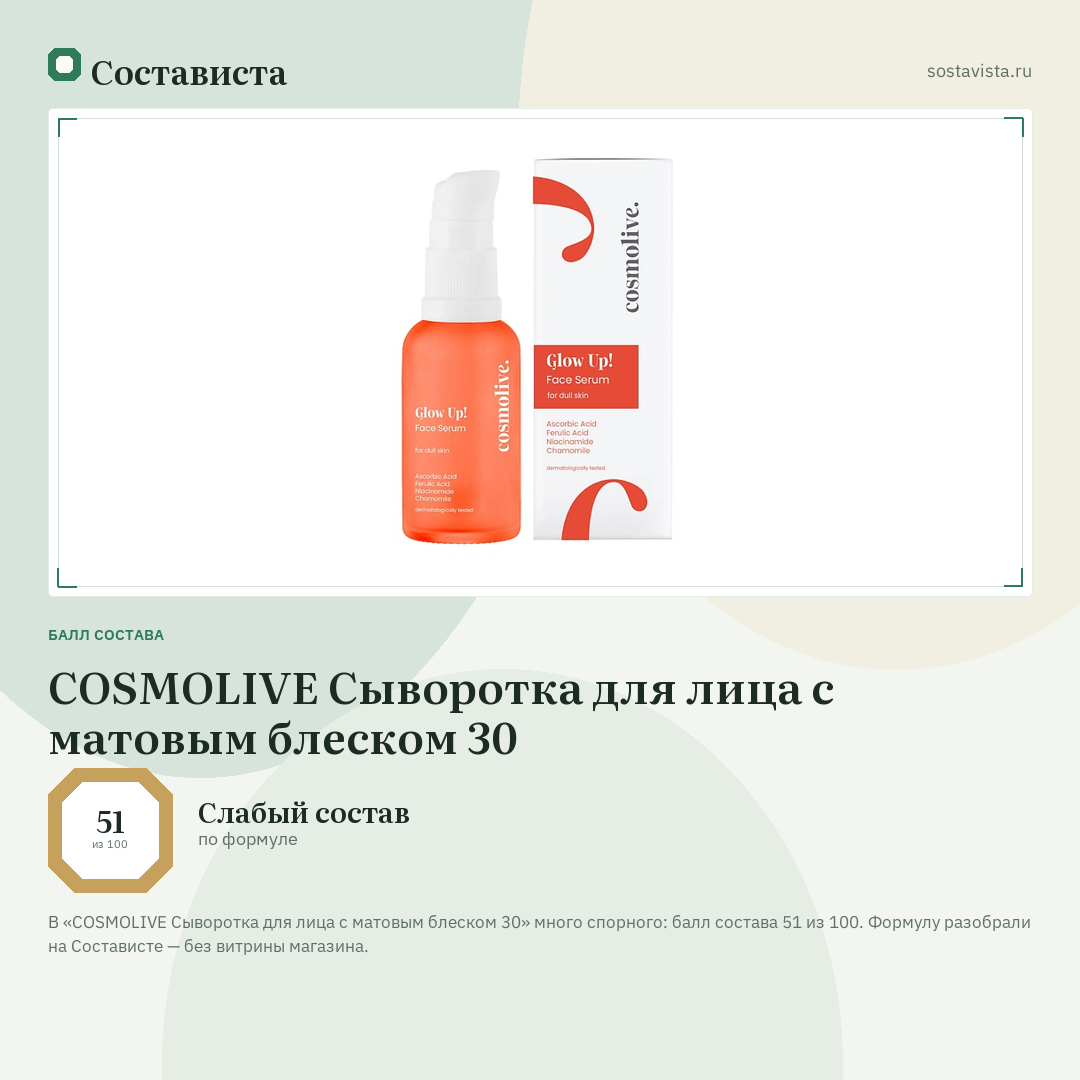 COSMOLIVE Сыворотка для лица с матовым блеском 30: балл состава 51 из 100 — Состависта