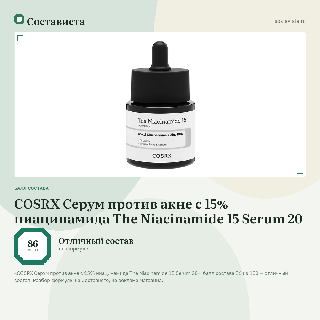 COSRX Серум против акне с 15% ниацинамида The Niacinamide 15 Serum 20: балл состава 86 из 100 — Состависта