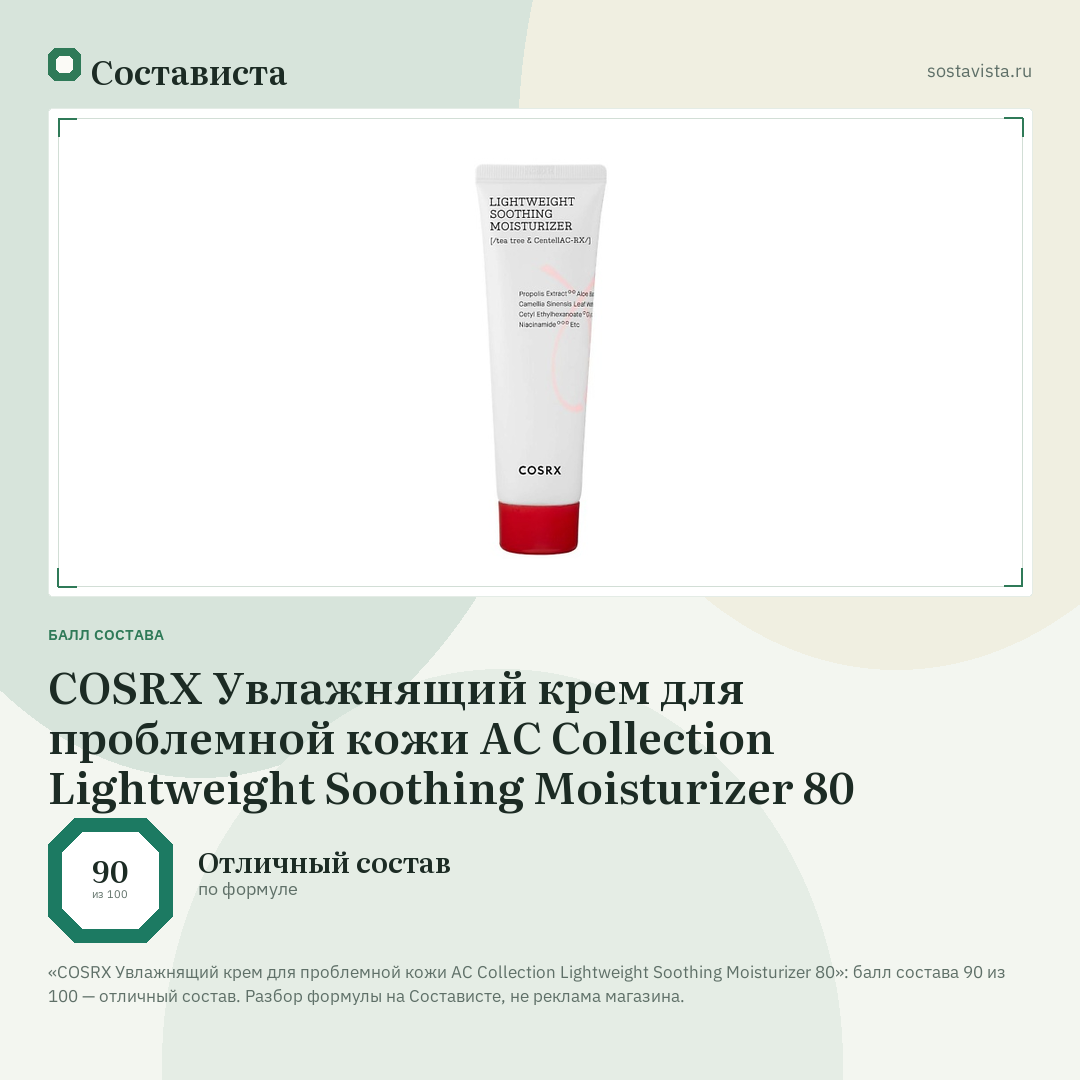 COSRX Увлажнящий крем для проблемной кожи AC Collection Lightweight Soothing Moisturizer 80: балл состава 90 из 100 — Состависта
