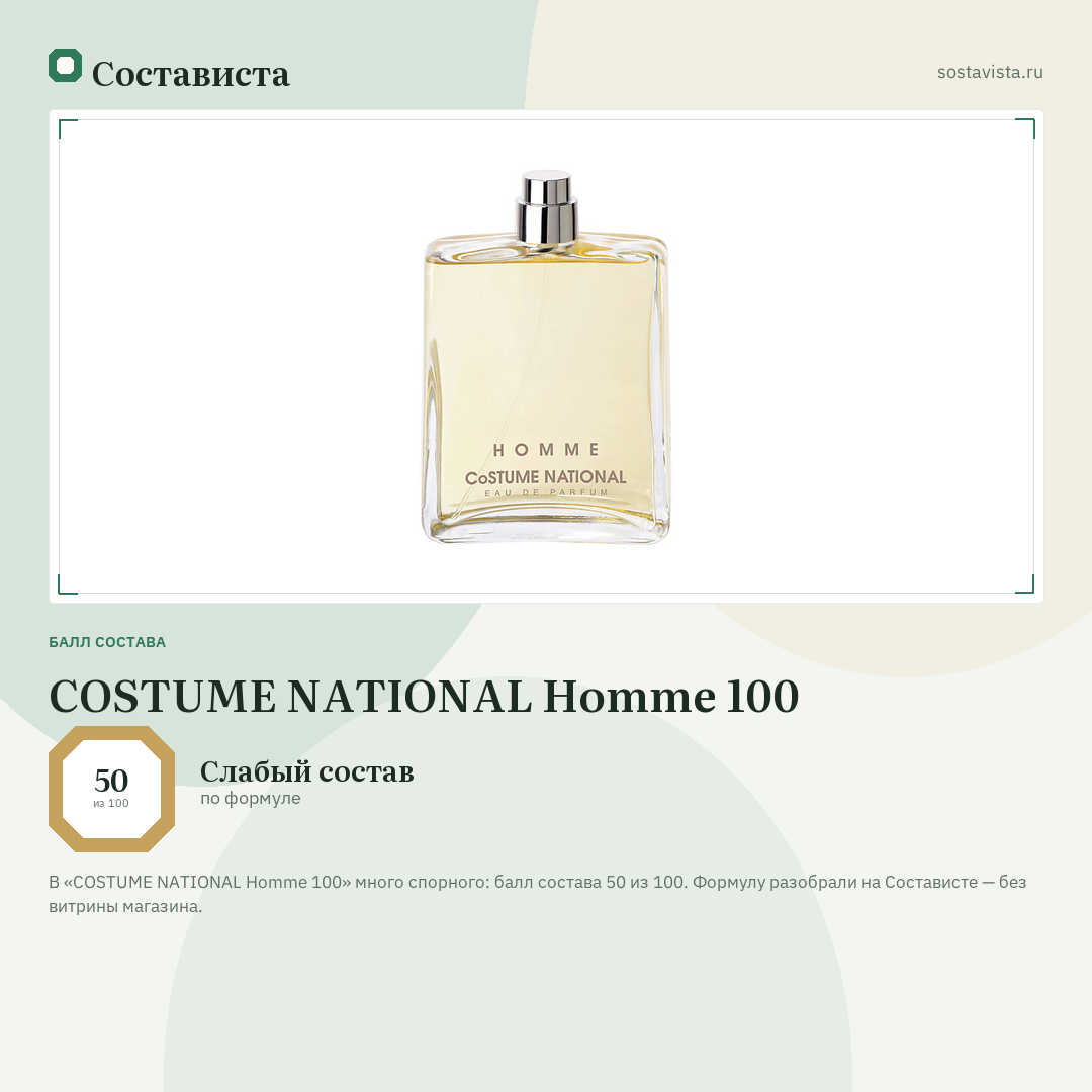 COSTUME NATIONAL Homme 100: балл состава 50 из 100 — Состависта