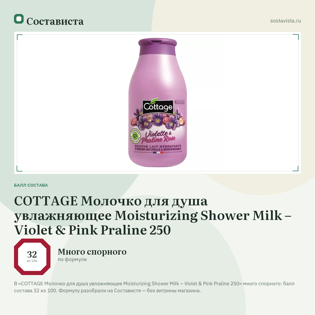 COTTAGE Молочко для душа увлажняющее Moisturizing Shower Milk – Violet & Pink Praline 250: балл состава 32 из 100 — Состависта