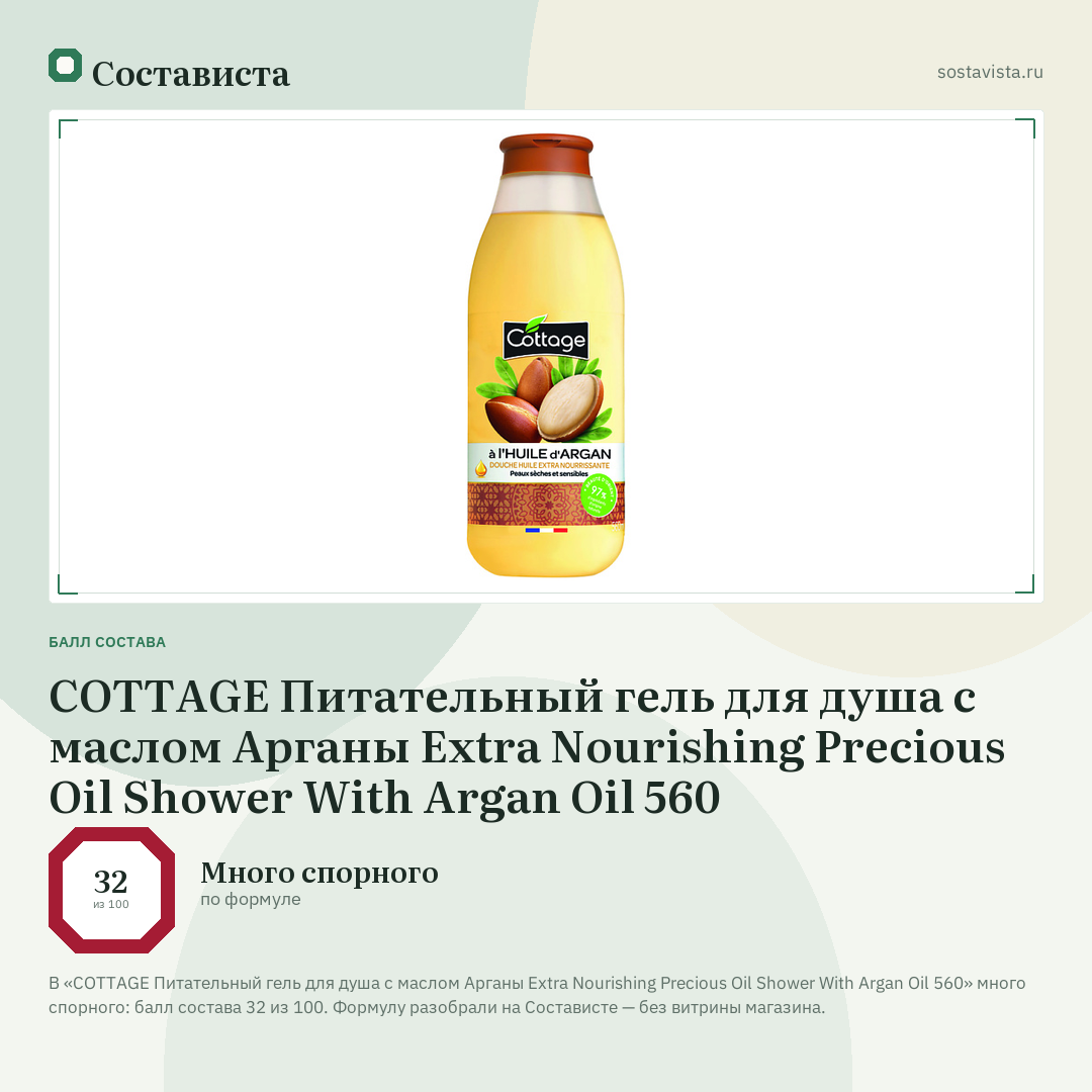 COTTAGE Питательный гель для душа с маслом Арганы Extra Nourishing Precious Oil Shower With Argan Oil 560: балл состава 32 из 100 — Состависта