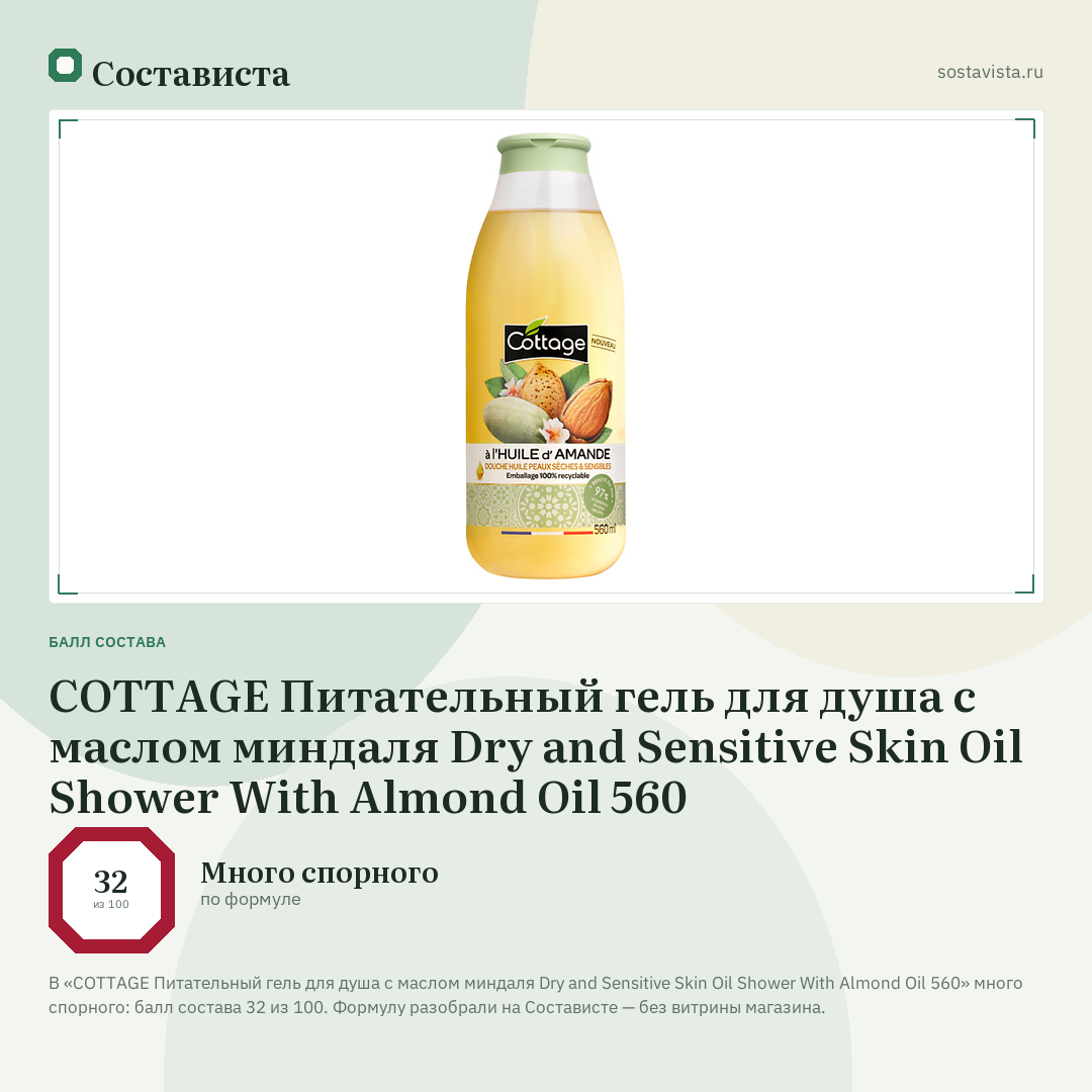 COTTAGE Питательный гель для душа с маслом миндаля Dry and Sensitive Skin Oil Shower With Almond Oil 560: балл состава 32 из 100 — Состависта