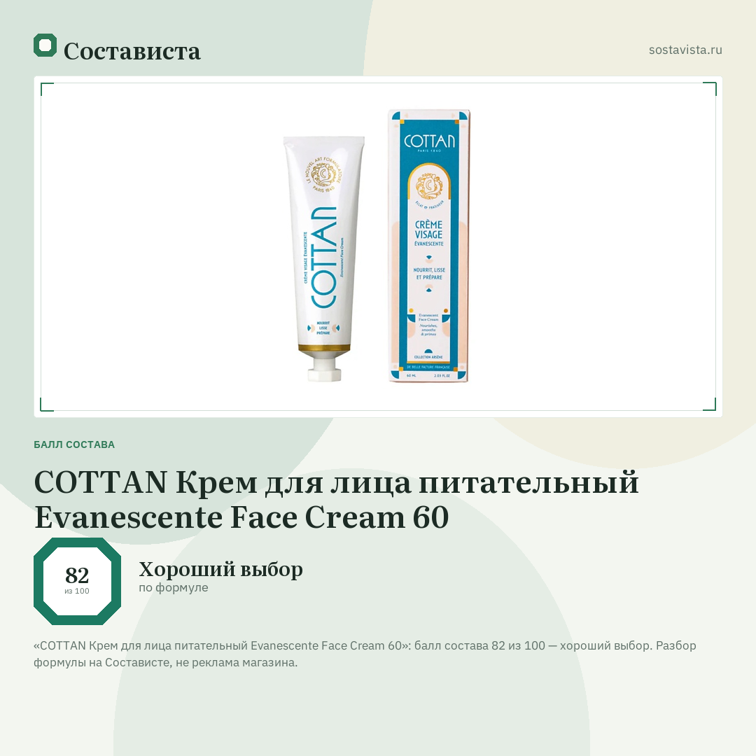 COTTAN Крем для лица питательный Evanescente Face Cream 60: балл состава 82 из 100 — Состависта