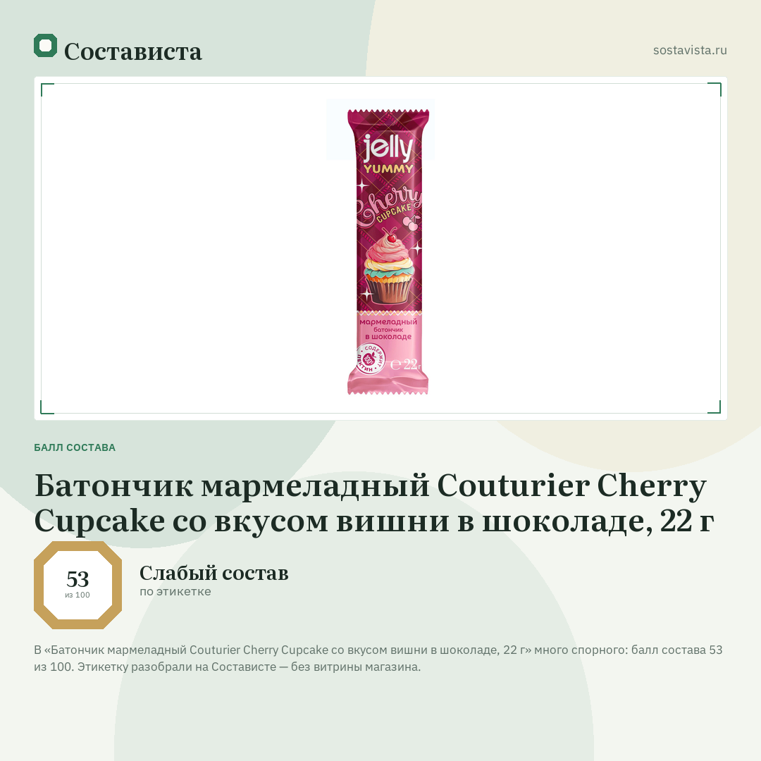 Батончик мармеладный Couturier Cherry Cupcake со вкусом вишни в шоколаде, 22 г: балл состава 53 из 100 — Состависта