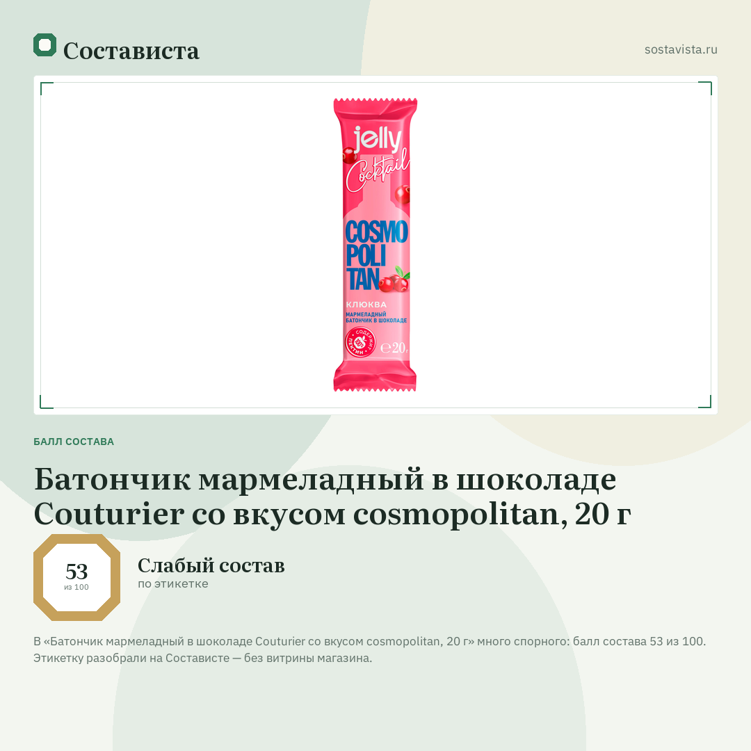 Батончик мармеладный в шоколаде Couturier со вкусом cosmopolitan, 20 г: балл состава 53 из 100 — Состависта
