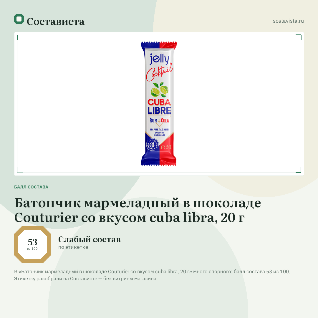 Батончик мармеладный в шоколаде Couturier со вкусом cuba libra, 20 г: балл состава 53 из 100 — Состависта