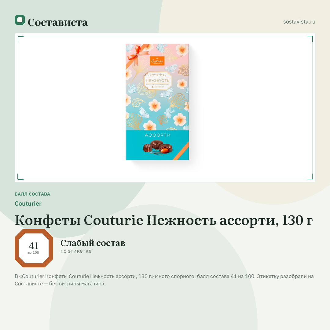 Couturier Конфеты Couturie Нежность ассорти, 130 г: балл состава 41 из 100 — Состависта