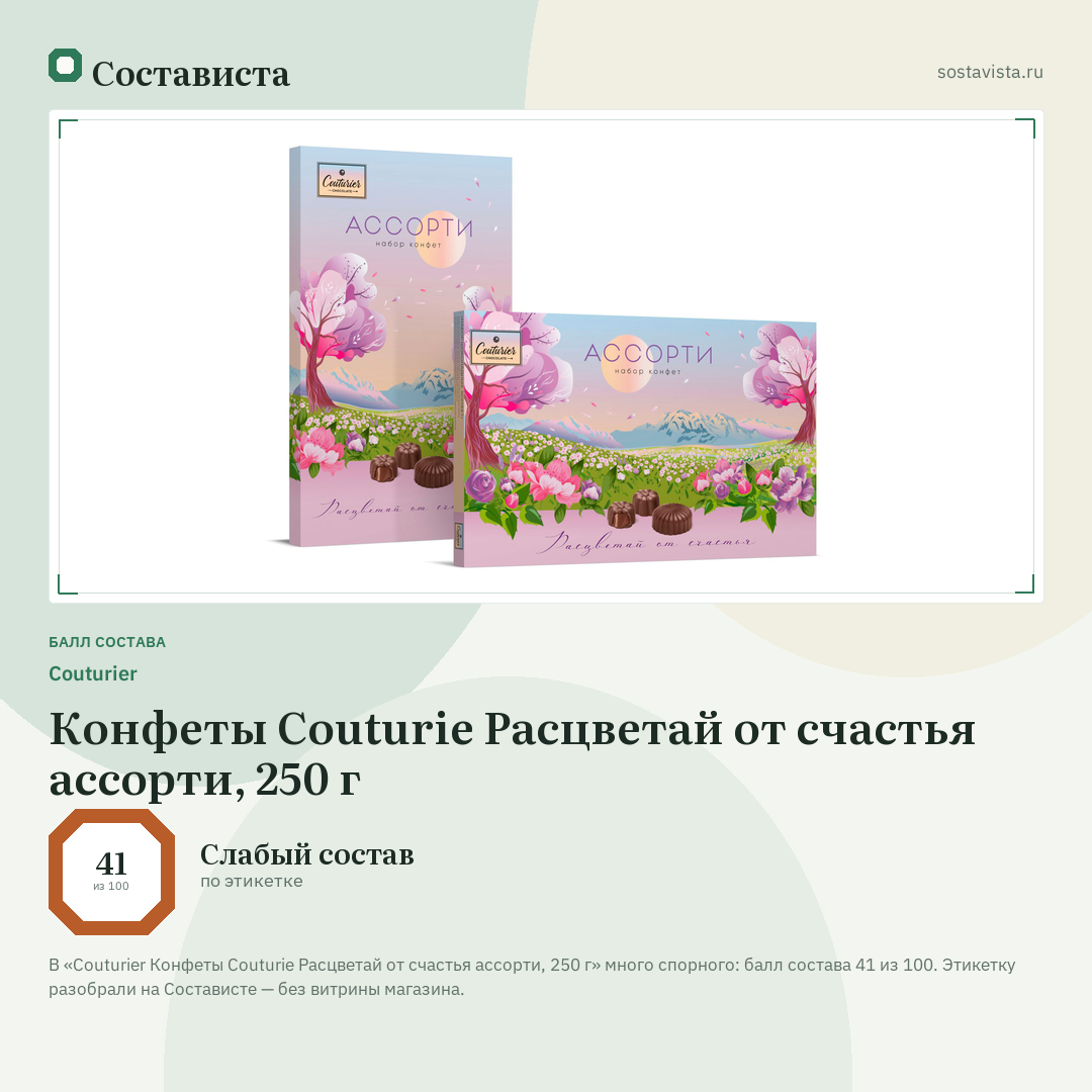 Couturier Конфеты Couturie Расцветай от счастья ассорти, 250 г: балл состава 41 из 100 — Состависта