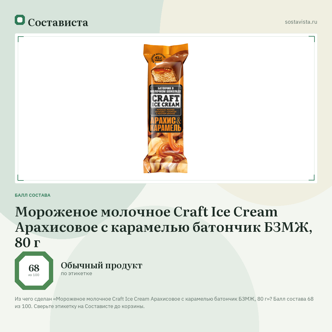 Мороженое молочное Craft Ice Cream Арахисовое с карамелью батончик БЗМЖ, 80 г: балл состава 68 из 100 — Состависта
