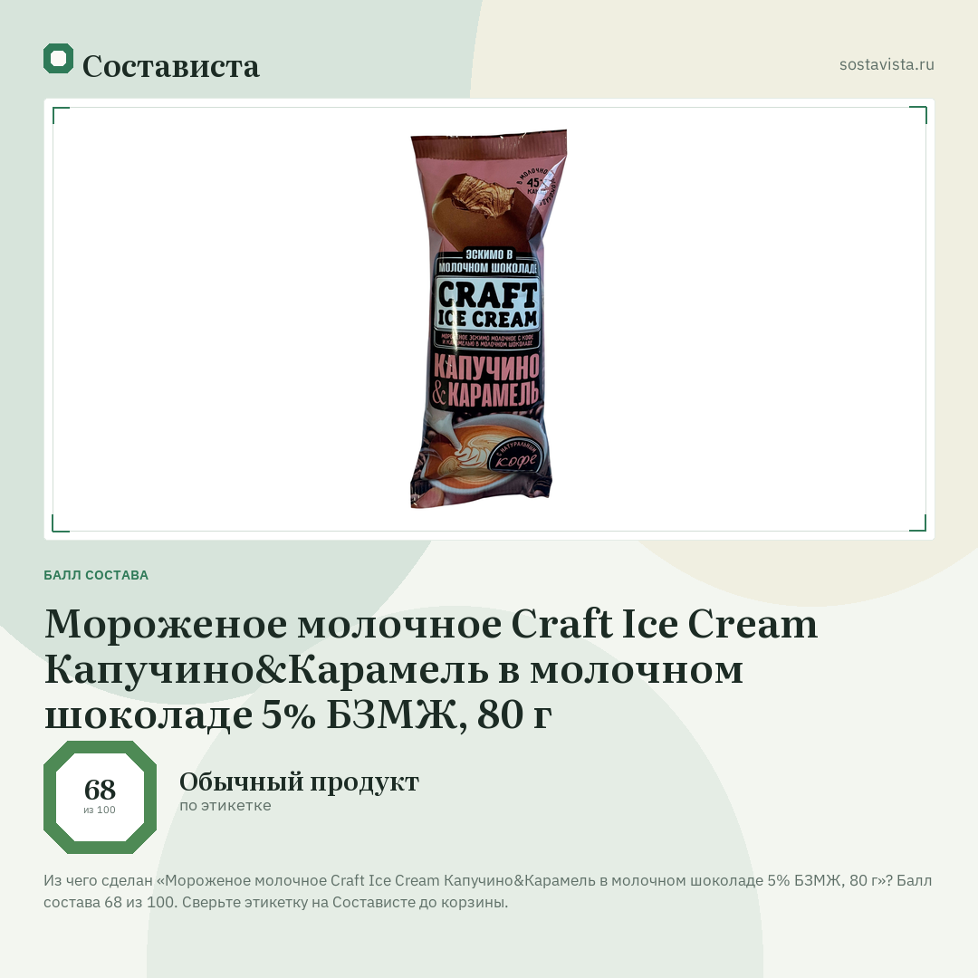 Мороженое молочное Craft Ice Cream Капучино&Карамель в молочном шоколаде 5% БЗМЖ, 80 г: балл состава 68 из 100 — Состависта
