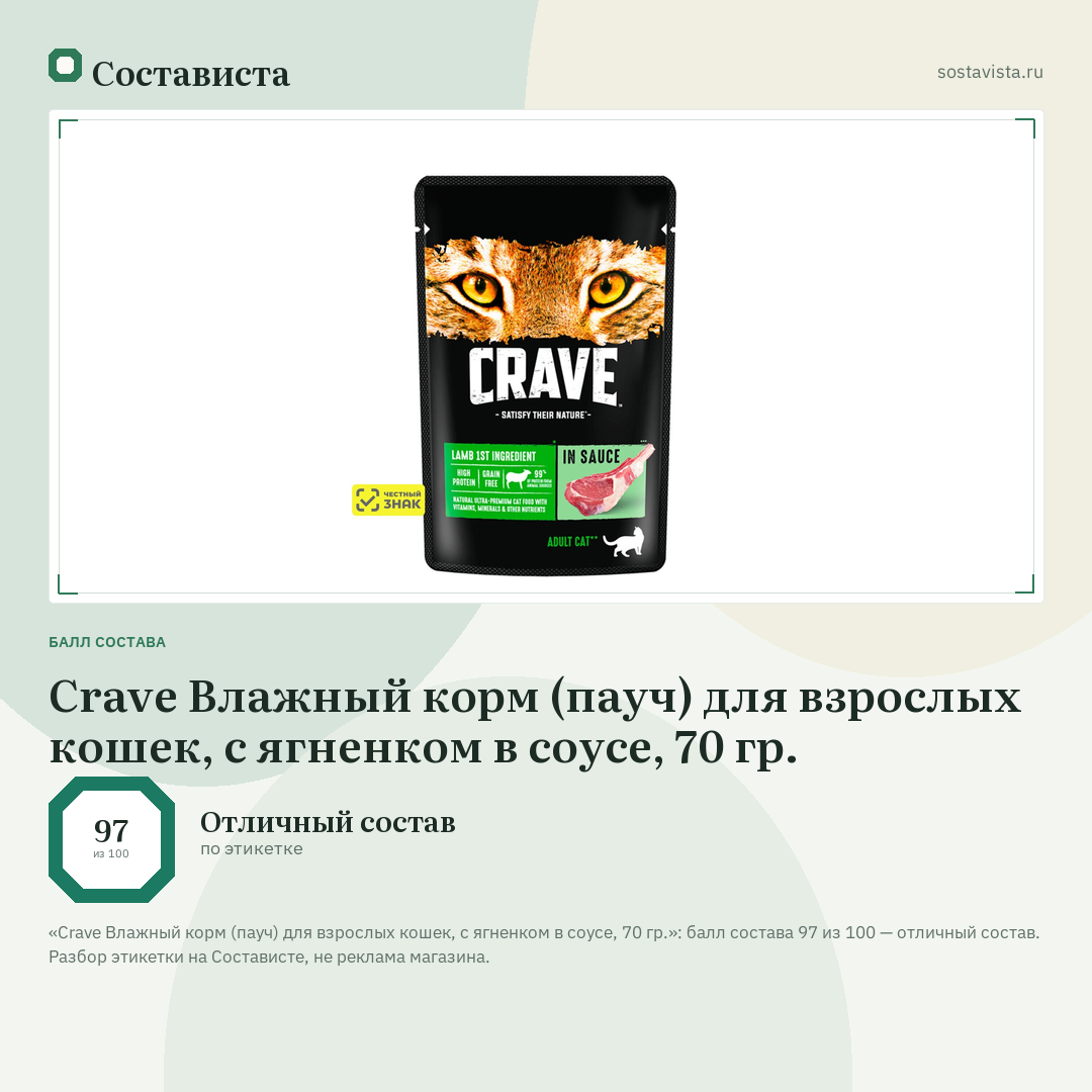 Crave Влажный корм (пауч) для взрослых кошек, с ягненком в соусе, 70 гр.: балл состава 97 из 100 — Состависта