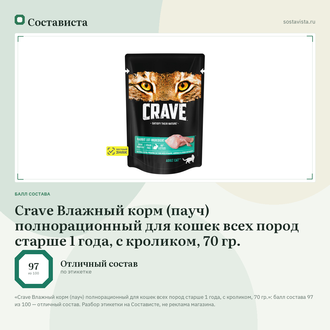 Crave Влажный корм (пауч) полнорационный для кошек всех пород старше 1 года, с кроликом, 70 гр.: балл состава 97 из 100 — Состависта