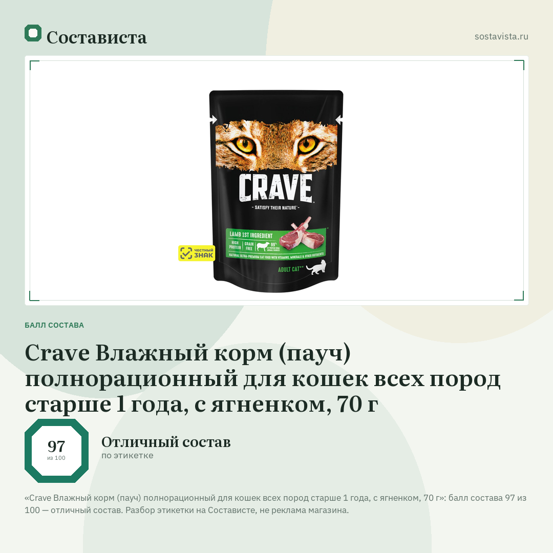 Crave Влажный корм (пауч) полнорационный для кошек всех пород старше 1 года, с ягненком, 70 г: балл состава 97 из 100 — Состависта