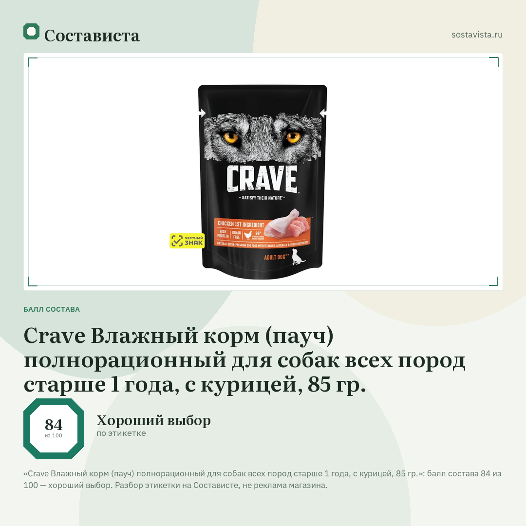 Crave Влажный корм (пауч) полнорационный для собак всех пород старше 1 года, с курицей, 85 гр.: балл состава 84 из 100 — Состависта