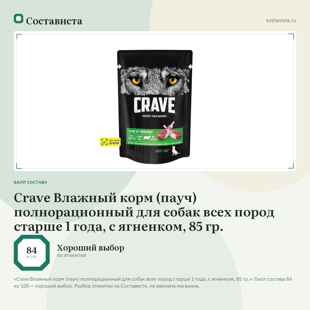 Crave Влажный корм (пауч) полнорационный для собак всех пород старше 1 года, с ягненком, 85 гр.: балл состава 84 из 100 — Состависта