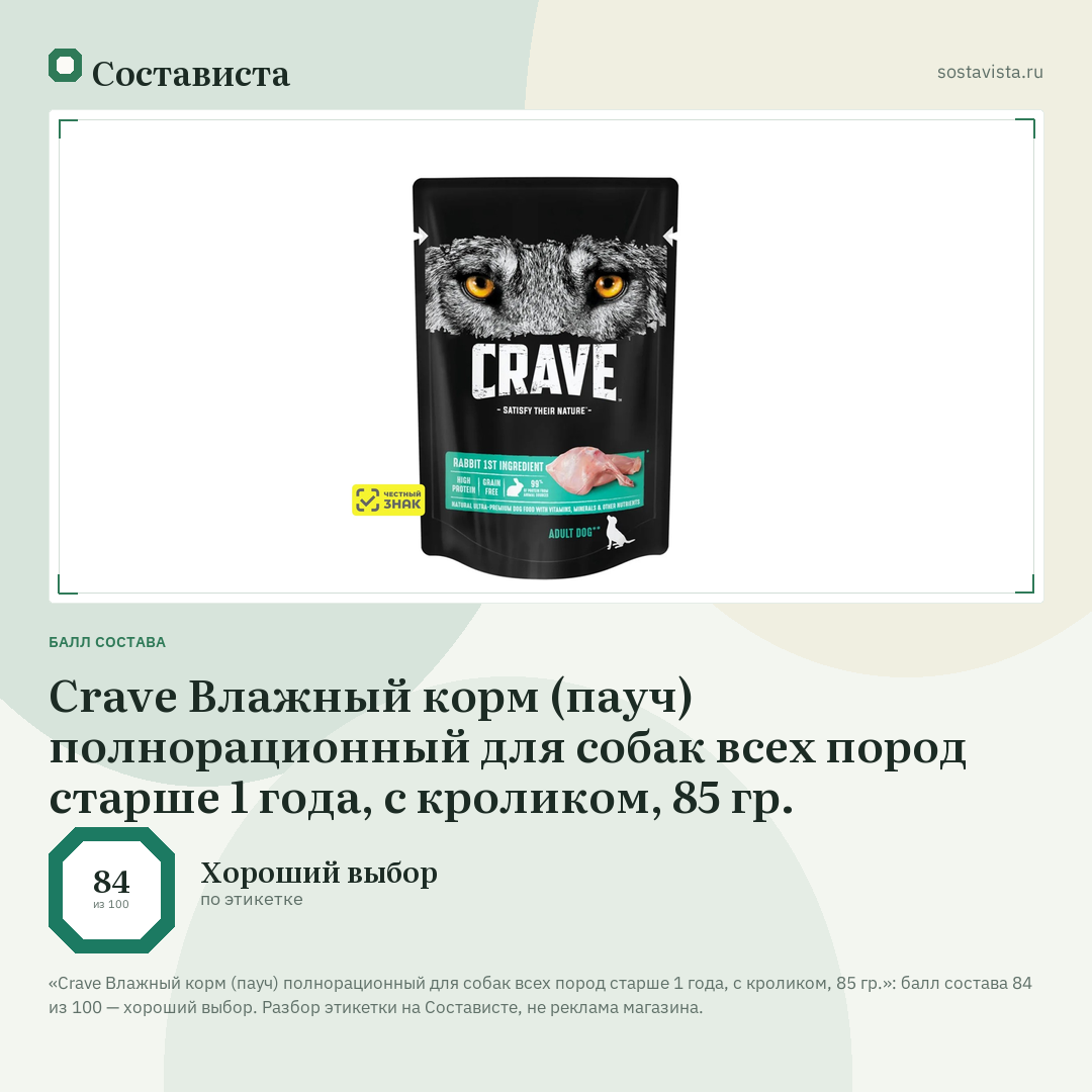 Crave Влажный корм (пауч) полнорационный для собак всех пород старше 1 года, с кроликом, 85 гр.: балл состава 84 из 100 — Состависта