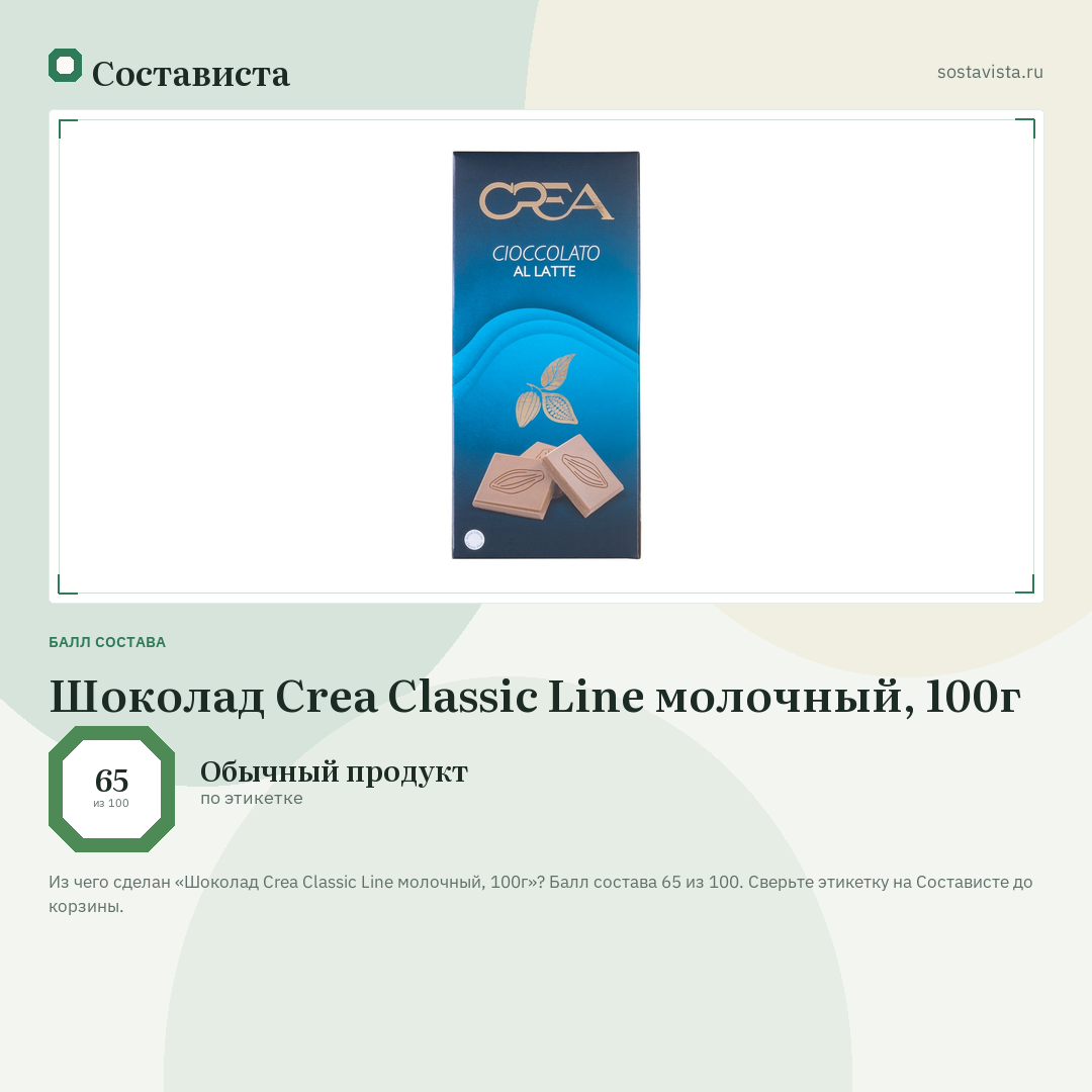 Шоколад Crea Classic Line молочный, 100г: балл состава 65 из 100 — Состависта
