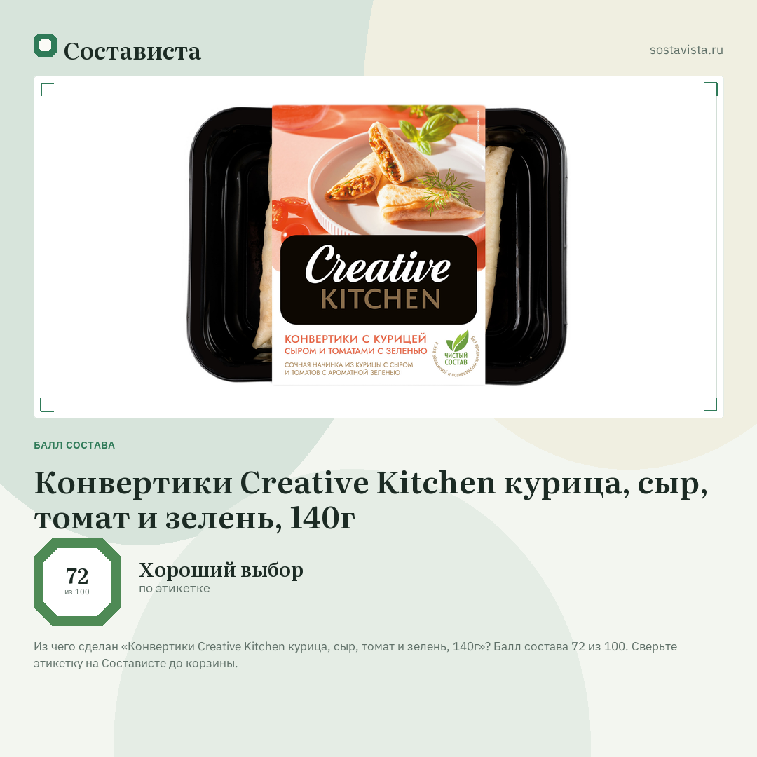 Конвертики Creative Kitchen курица, сыр, томат и зелень, 140г: балл состава 72 из 100 — Состависта