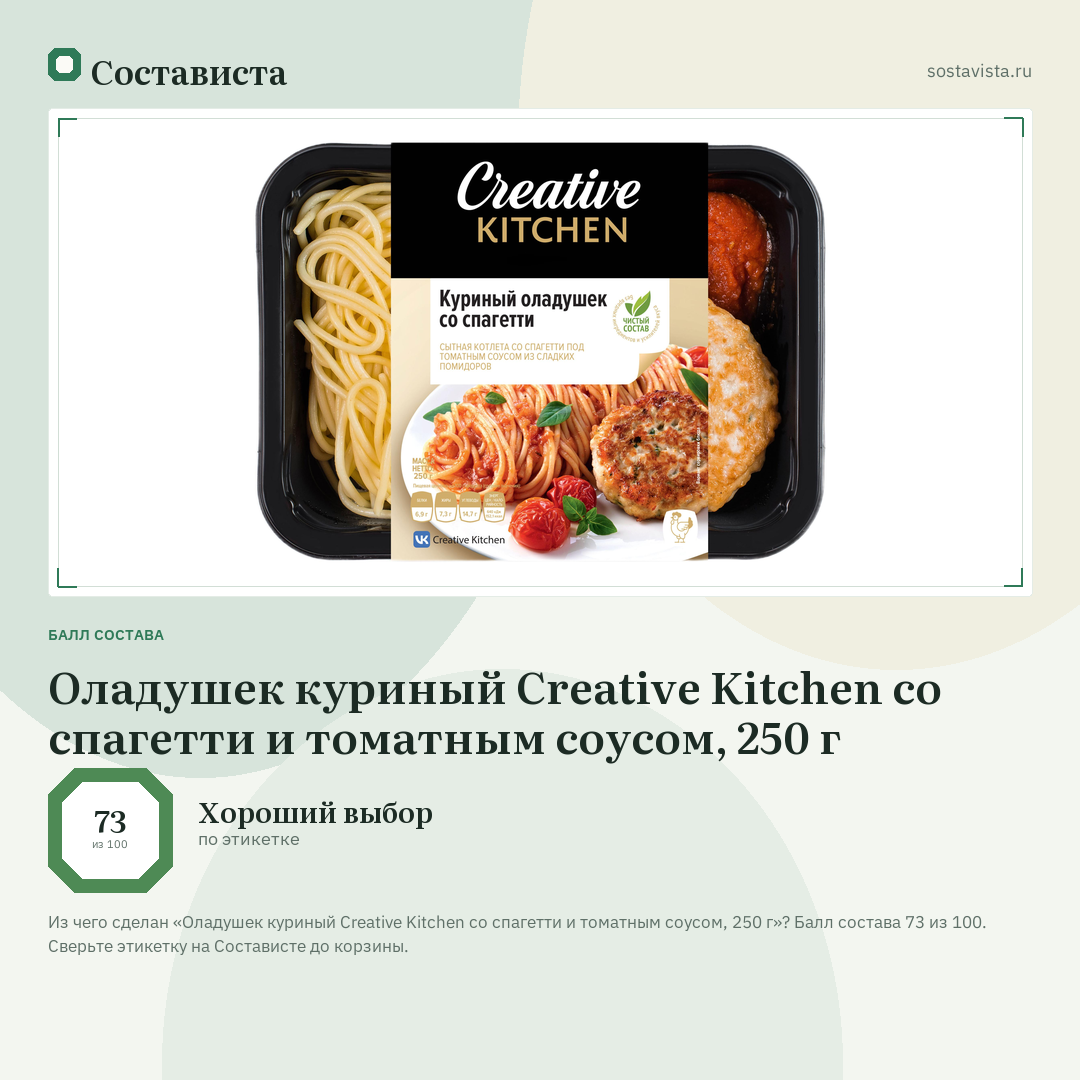 Оладушек куриный Creative Kitchen со спагетти и томатным соусом, 250 г: балл состава 73 из 100 — Состависта