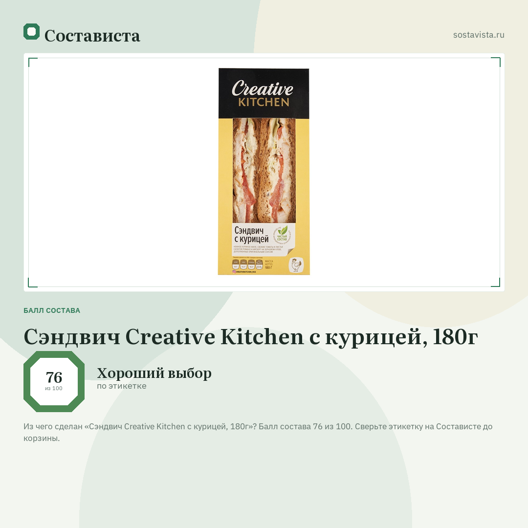 Сэндвич Creative Kitchen с курицей, 180г: балл состава 76 из 100 — Состависта