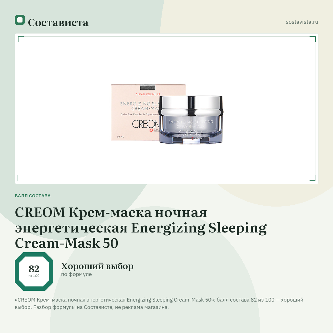 CREOM Крем-маска ночная энергетическая Energizing Sleeping Cream-Mask 50: балл состава 82 из 100 — Состависта