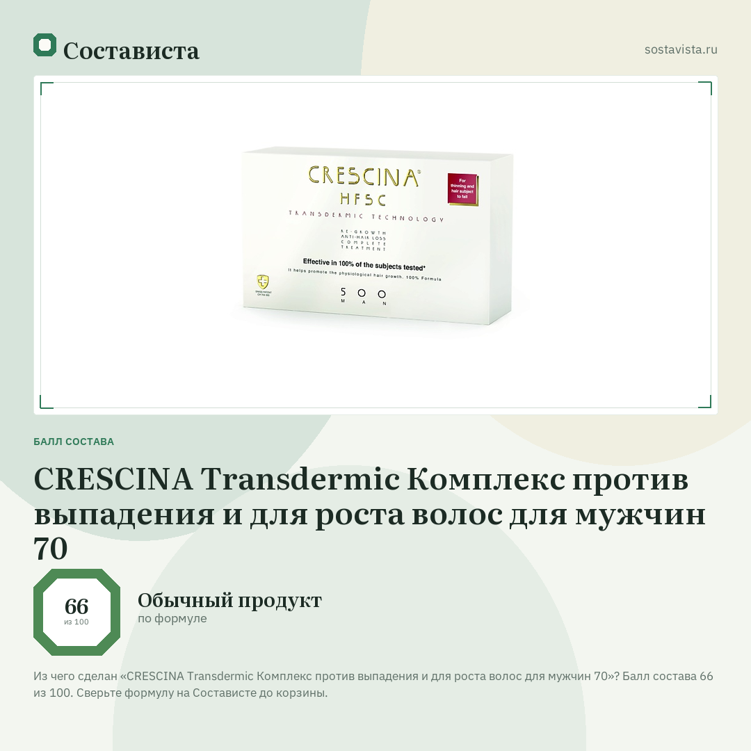 CRESCINA Transdermic Комплекс против выпадения и для роста волос для мужчин 70: балл состава 66 из 100 — Состависта