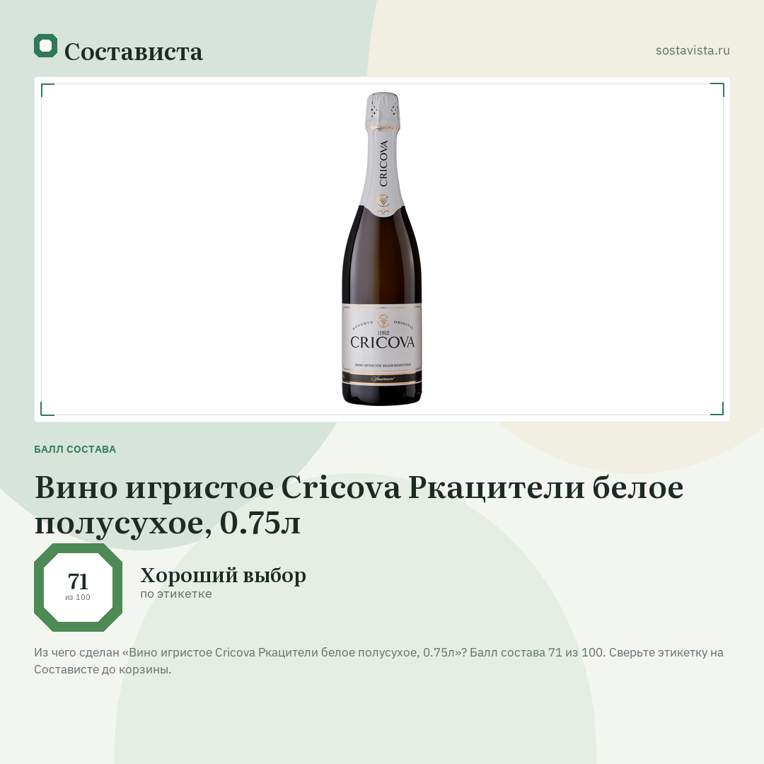 Вино игристое Cricova Ркацители белое полусухое, 0.75л: балл состава 71 из 100 — Состависта