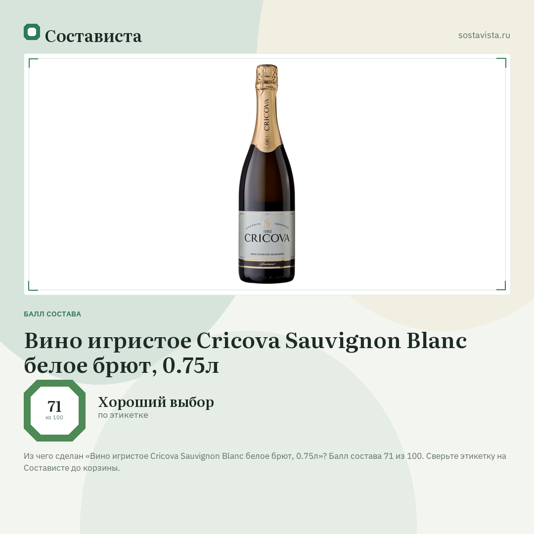 Вино игристое Cricova Sauvignon Blanc белое брют, 0.75л: балл состава 71 из 100 — Состависта