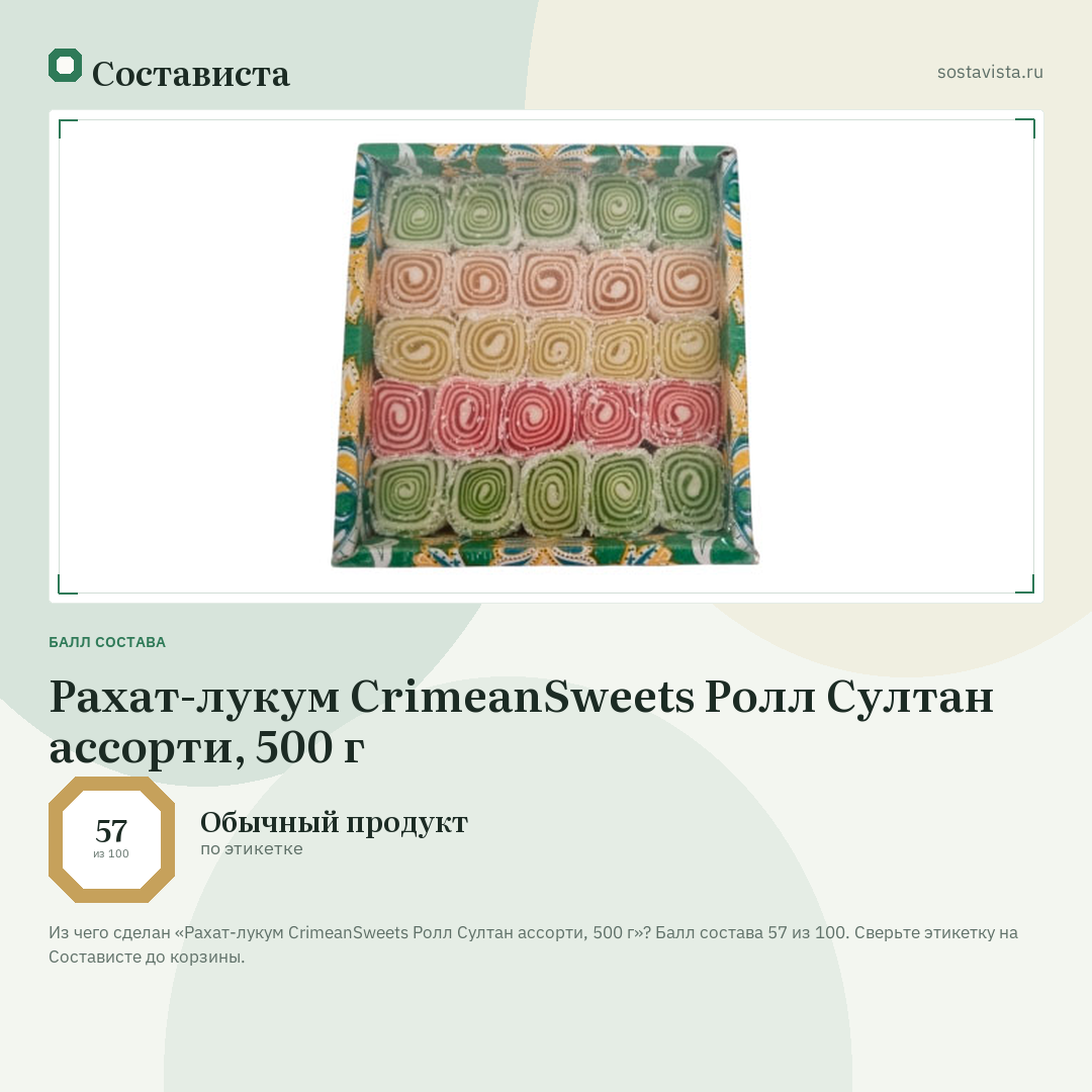 Рахат-лукум CrimeanSweets Ролл Султан ассорти, 500 г: балл состава 57 из 100 — Состависта