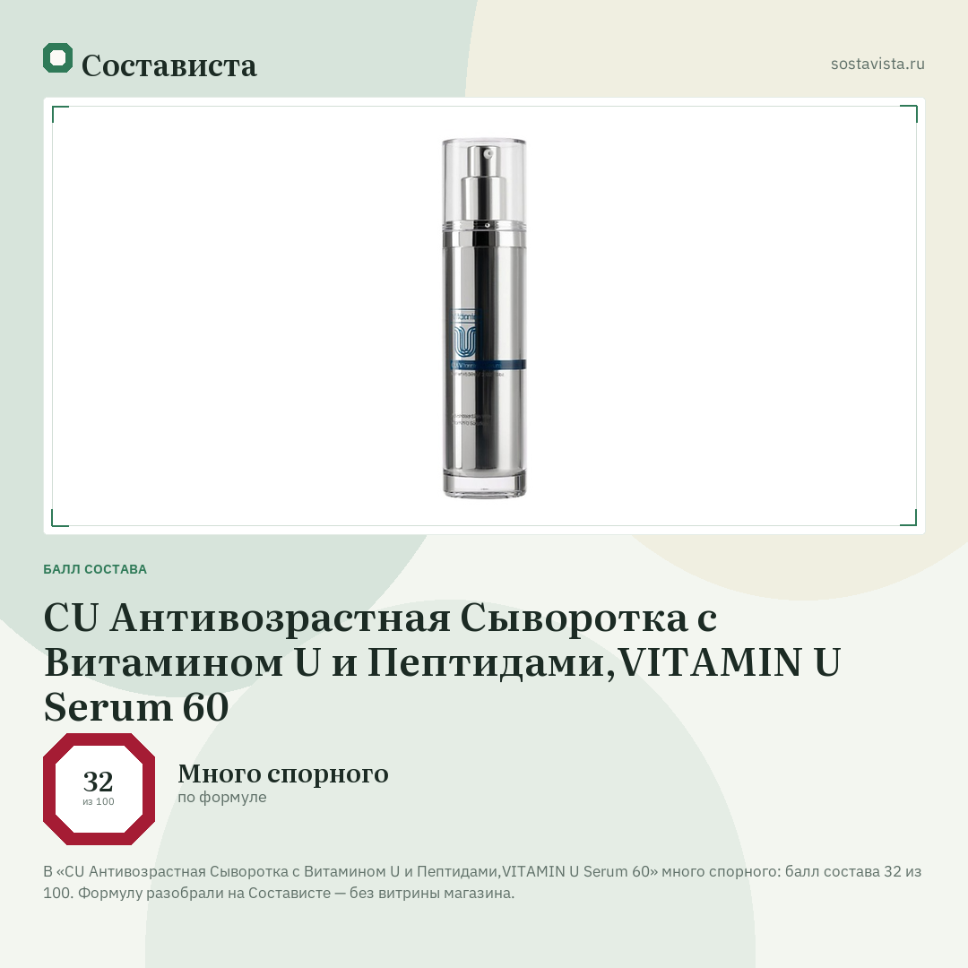 CU Антивозрастная Сыворотка с Витамином U и Пептидами,VITAMIN U Serum 60: балл состава 32 из 100 — Состависта