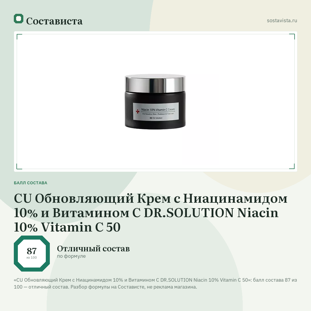 CU Обновляющий Крем с Ниацинамидом 10% и Витамином С DR.SOLUTION Niacin 10% Vitamin C 50: балл состава 87 из 100 — Состависта