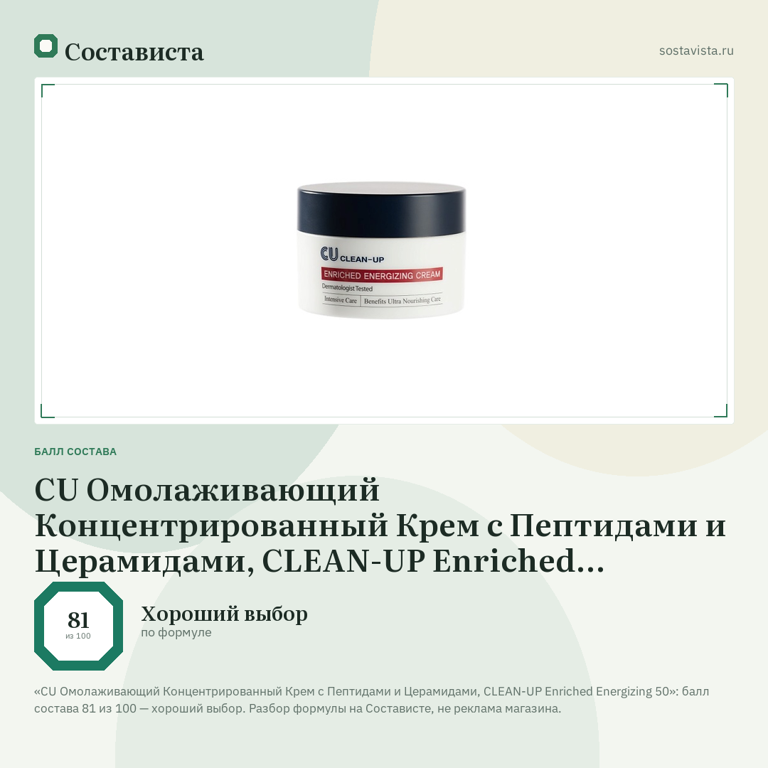 CU Омолаживающий Концентрированный Крем с Пептидами и Церамидами, CLEAN-UP Enriched Energizing 50: балл состава 81 из 100 — Состависта