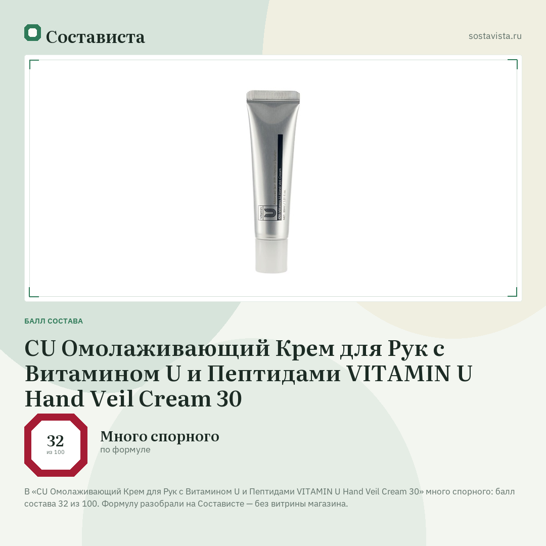 CU Омолаживающий Крем для Рук с Витамином U и Пептидами VITAMIN U Hand Veil Cream 30: балл состава 32 из 100 — Состависта