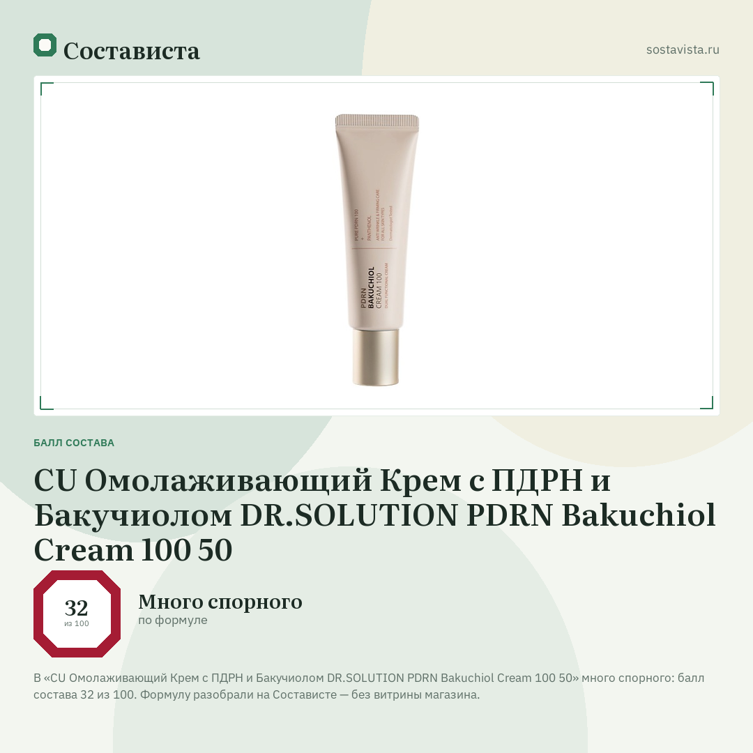 CU Омолаживающий Крем с ПДРН и Бакучиолом DR.SOLUTION PDRN Bakuchiol Cream 100 50: балл состава 32 из 100 — Состависта